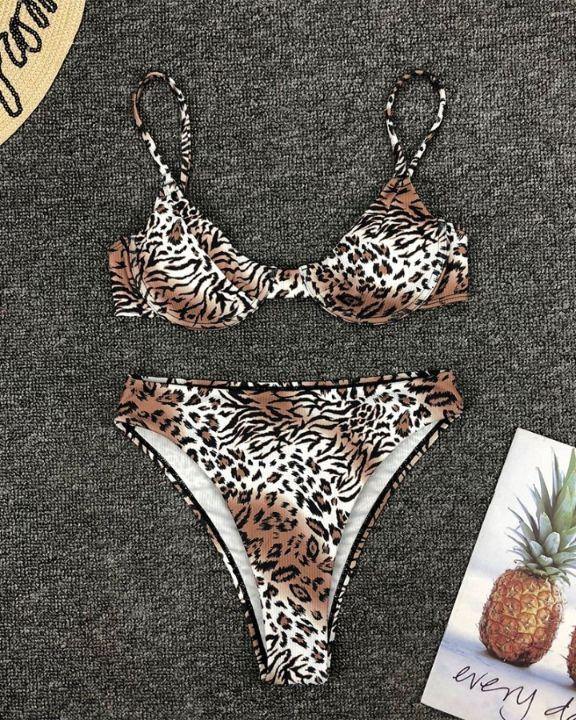 Leopard Strap Cropped Tanks With Panties Bikini Sets - Xmadstore