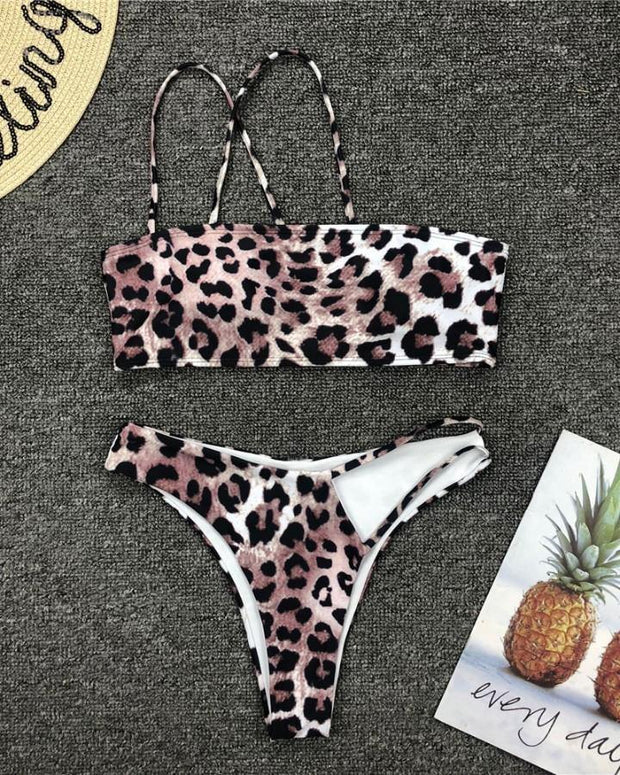 Leopard One Shoulder Sleeveless 2-Piece Bikini Sets - Xmadstore