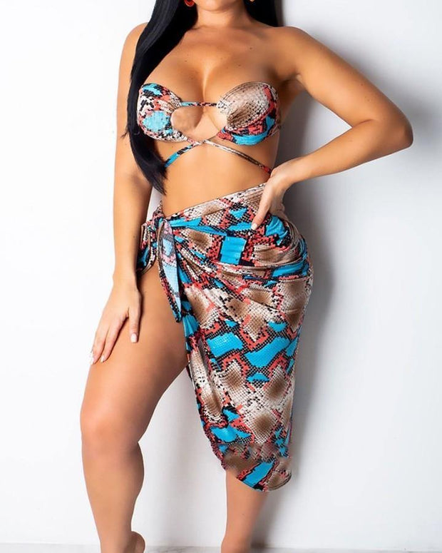Snakeskin Print Strap Bra With Panties And Cover-up Bikini Sets - Xmadstore