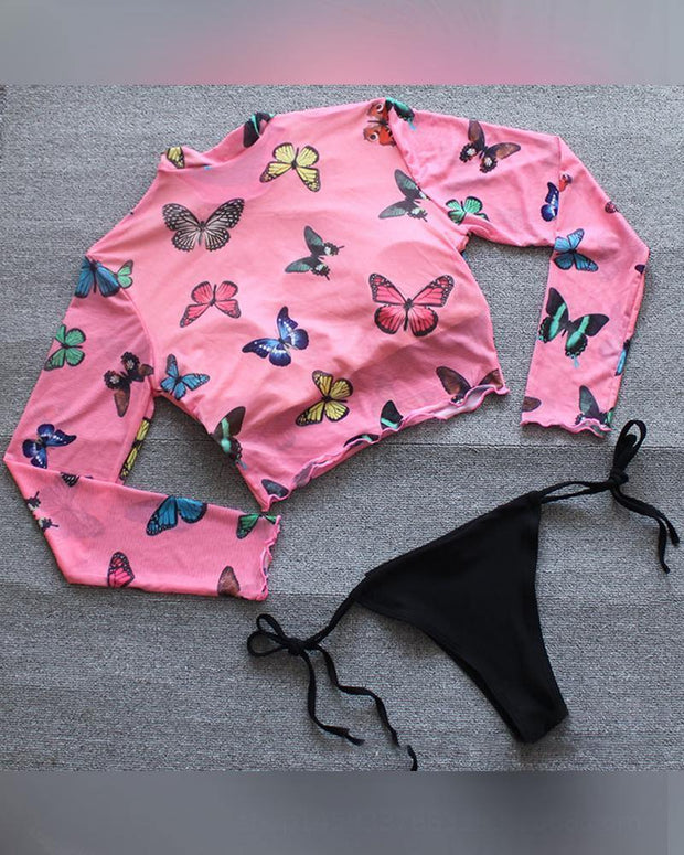 Butterfly Print Long Sleeve T-shirts With Solid Strappy Panties Bikini Sets - Xmadstore