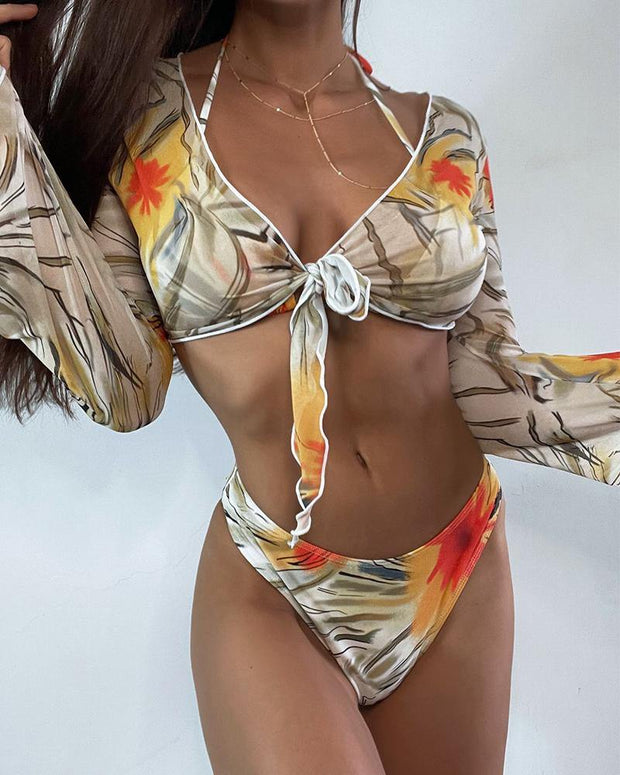 Floral Painting Print Strap Bra With Blouse And Panties Sexy Sets - Xmadstore