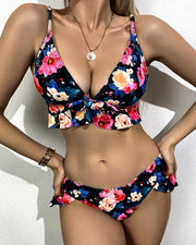 Floral Print Strap Ruffles Bra With Panties Bikini Sets - Xmadstore