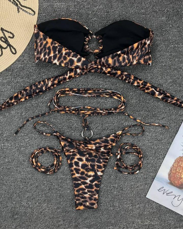 Leopard O-ring Strappy Off Shoulder Sleeveless Bikini Sets - Xmadstore