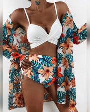 Solid Color Sling Tube Top And Floral Print Long Sleeve Coat And Panties Bikini Sets - Xmadstore