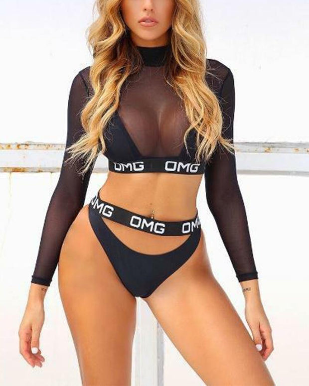 Letter And Mesh Patchwork Long Sleeve Tops With Bra And Panties Bikini Sets - Xmadstore