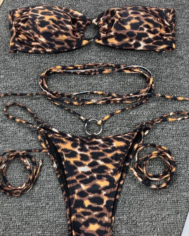 Leopard O-ring Strappy Off Shoulder Sleeveless Bikini Sets - Xmadstore