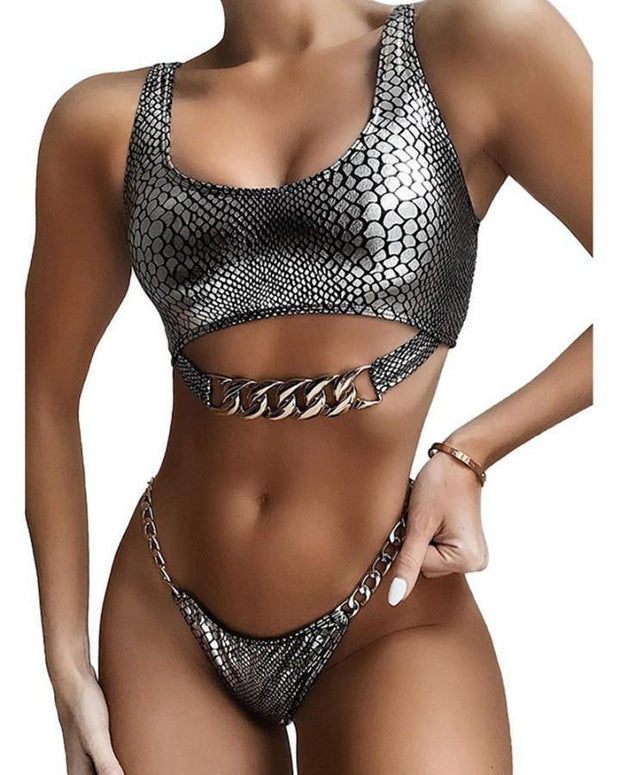 Snakeskin Sequin Splicing Metal Chain Sling Bikini Sets - Xmadstore