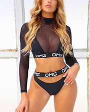 Letter And Mesh Patchwork Long Sleeve Tops With Bra And Panties Bikini Sets - Xmadstore
