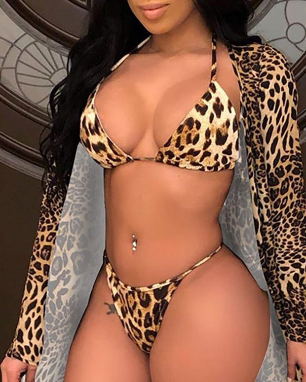 Halter Leopard Print Bikini With Cover Up - Xmadstore