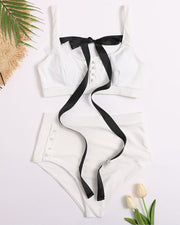 Solid Button-up Sleeveless Bowknot Tanks With Panties Bikini Sets - Xmadstore