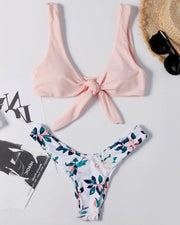 Solid Strappy Bra With Floral Print Panties Bikini Sets - Xmadstore