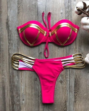 Metallic Border Patchwork Bra With Panties Bikini Sets - Xmadstore