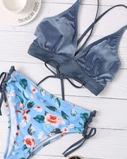 Solid Strap Tanks With Floral Print High Waist Pnaties Bikini Sets - Xmadstore
