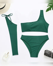 Solid One Shoulder With Single Sleeve And Panties Bikini Sets - Xmadstore