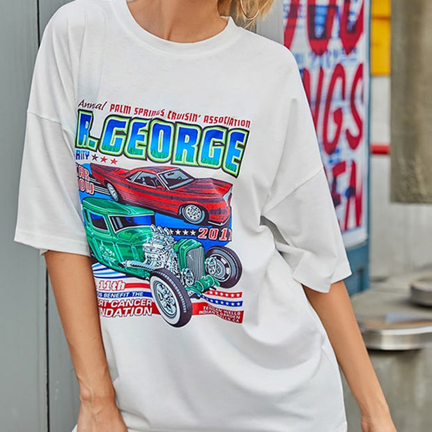 Summer urban leisure loose-fitting white short-sleeved car letter printing bottoming shirt