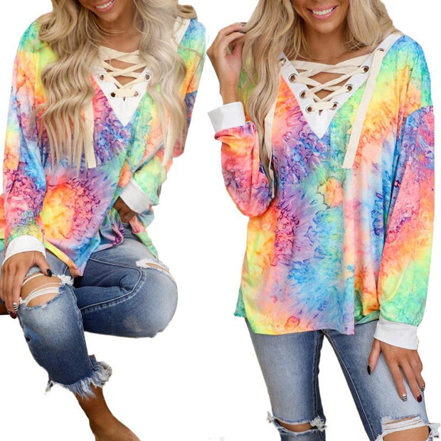 Fashion cool tie-dye printing long-sleeved V-neck tie casual T-shirt top