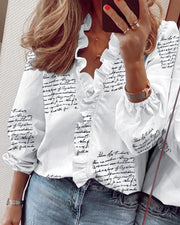 Fashion spring and summer printed V-neck ruffled long-sleeved ladies shirt