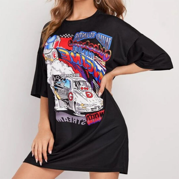 New round neck car print loose short-sleeved T-shirt