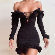 Mesh ruffled long-sleeved deep V hollow lace-up sexy bodycon dress