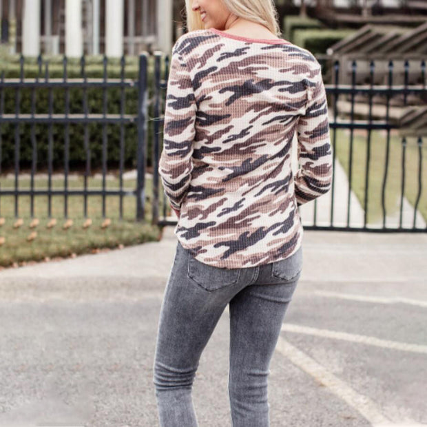 Fashion casual camouflage V-neck long sleeve T-shirt women