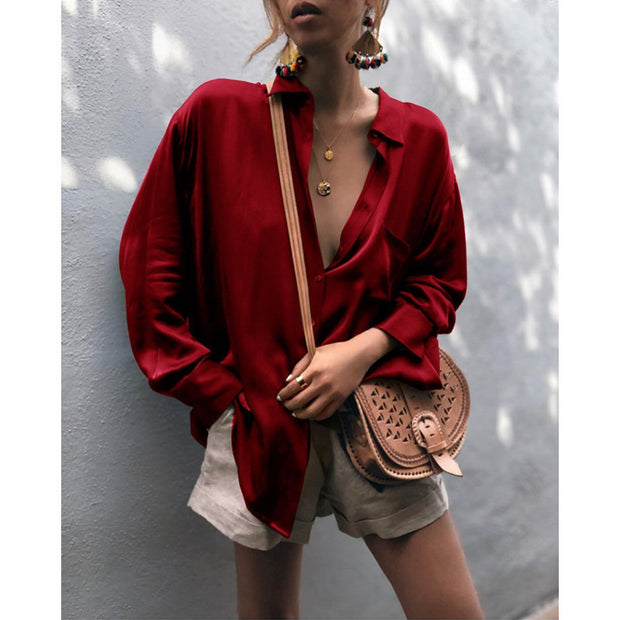 Solid color long-sleeved button cardigan women loose shirt