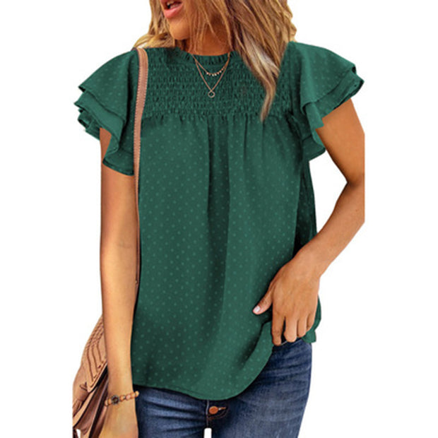 Pure color chiffon shirt loose round neck pullover short sleeve top t-shirt