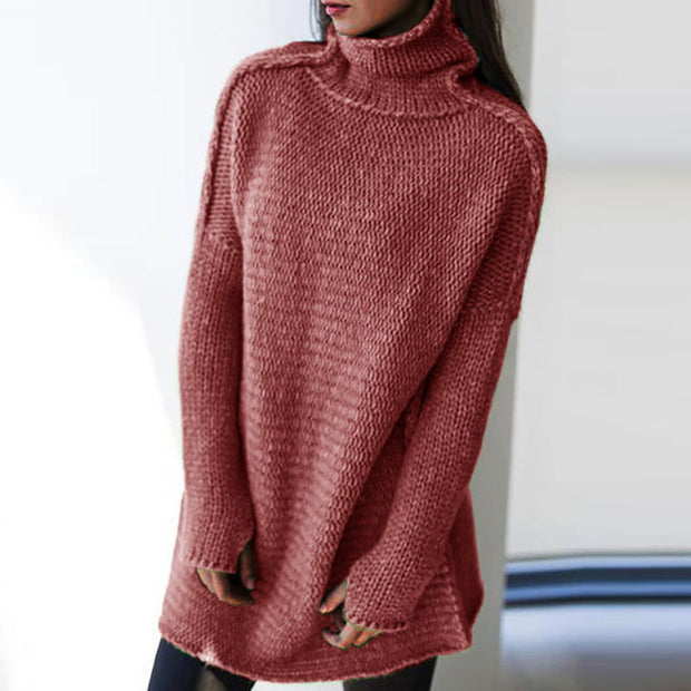 Solid color turtleneck long sleeve pullover skirt