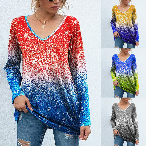 Colorblock printed long-sleeved V-neck casual loose top