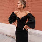 Puffy sleeves and square neckline with one shoulder sexy backless slim dress