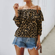 Fashion leopard print one-shoulder seven-point sleeve top