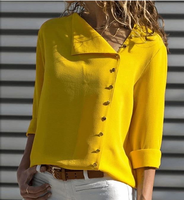 Fashion temperament button irregular oblique collar long sleeve blouse