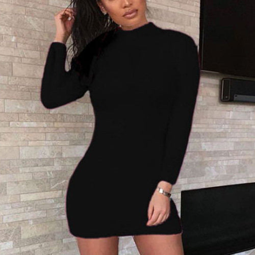Ladies high neck tights long sleeve knitted sweater mini dress warm party casual pullover pencil skirt
