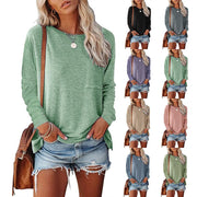 Round neck pocket split long-sleeved casual loose top bottoming T-shirt