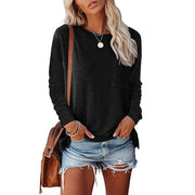 Round neck pocket split long-sleeved casual loose top bottoming T-shirt
