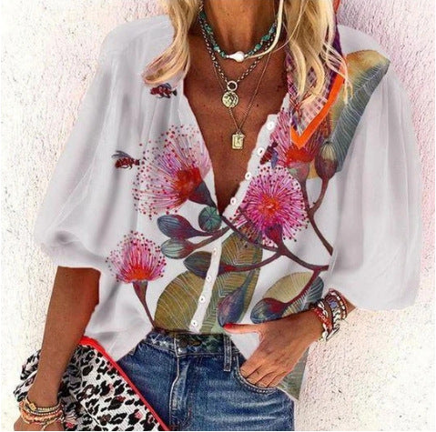 Fashion casual plant print V-neck top