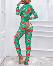 Christmas Tree Print Functional Buttoned Flap Adults Pajamas