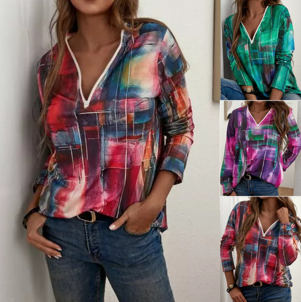 Fashion all-match V-neck geometric color printing long-sleeved T-shirt