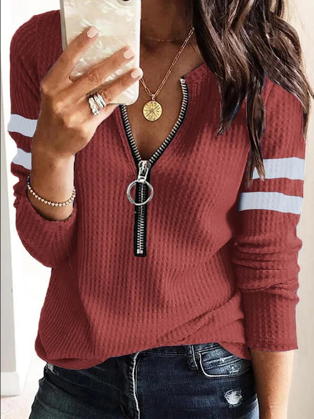 Fashion casual contrast color zipper V-neck knitted long-sleeved top