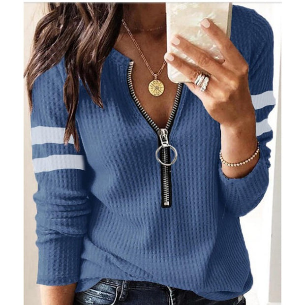 Fashion casual contrast color zipper V-neck knitted long-sleeved top