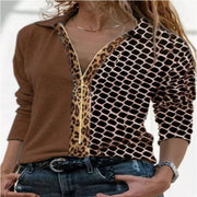 Fashion casual color-blocking printed zipper lapel color-blocking top