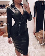 Pu leather v-neck slim sexy hip dress