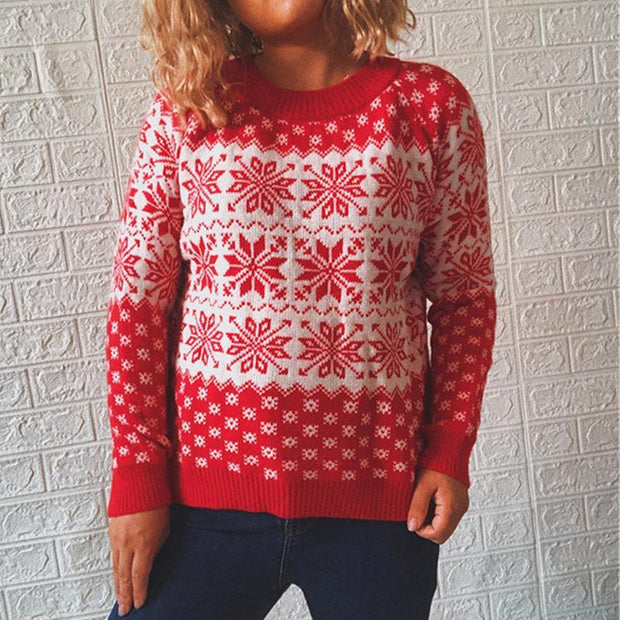 Classic Christmas sweater snowflake long-sleeved round neck knitted pullover women