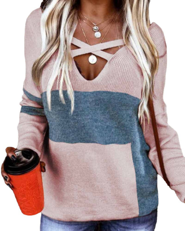 Women's v-neck contrasting color printing loose knit top t-shirt