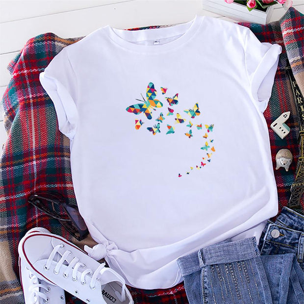 Fashion European and American butterfly print cotton short-sleeved T-shirt