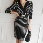 Striped color matching professional women's temperament V-neck slim design sense bag hip dress