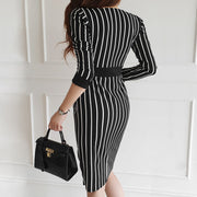Striped color matching professional women's temperament V-neck slim design sense bag hip dress