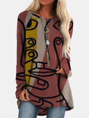 Fashion loose round neck abstract print long sleeve ladies top