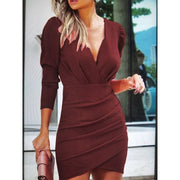 Autumn and winter waist was thinner solid color V-neck long-sleeved tight skirt dress women