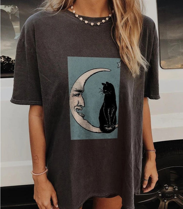 Casual loose moon cat print short sleeve t-shirt