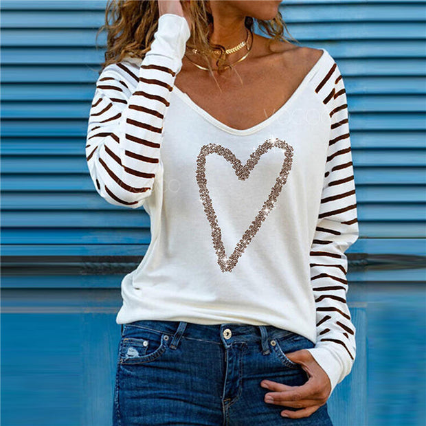 Fashion casual solid color printing V-neck long sleeve all-match bottoming T-shirt